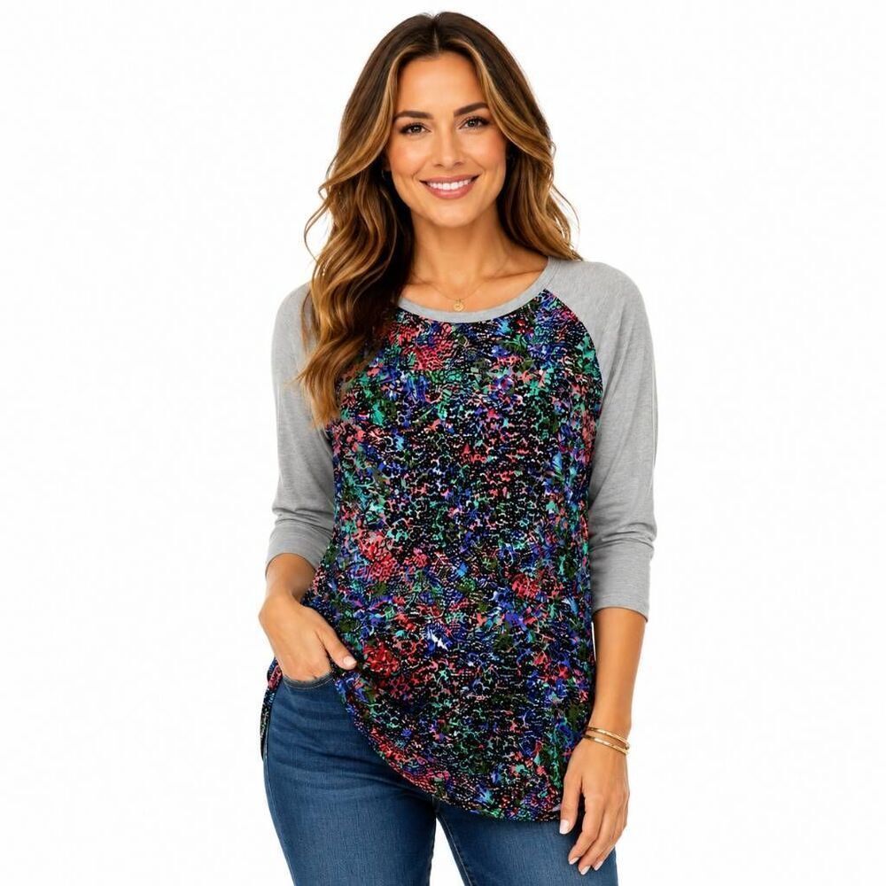 LuLaRoe L Randy Top Gray Raglan Abstract Floral Shirt